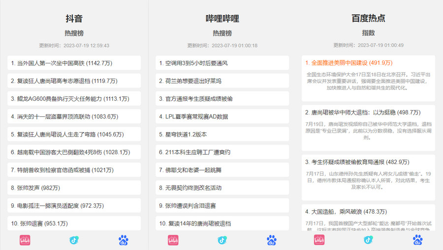 抖音、百度、哔哩哔哩热搜热榜单页的HTML源码-软件百科